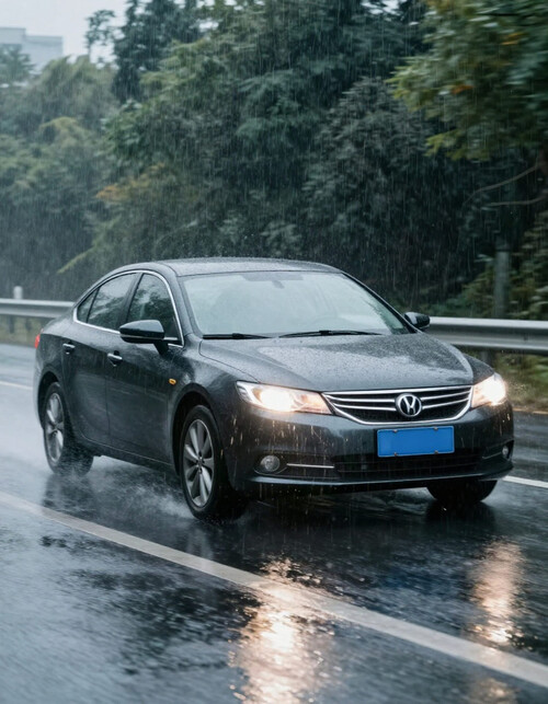 car on the road in heavy rain 