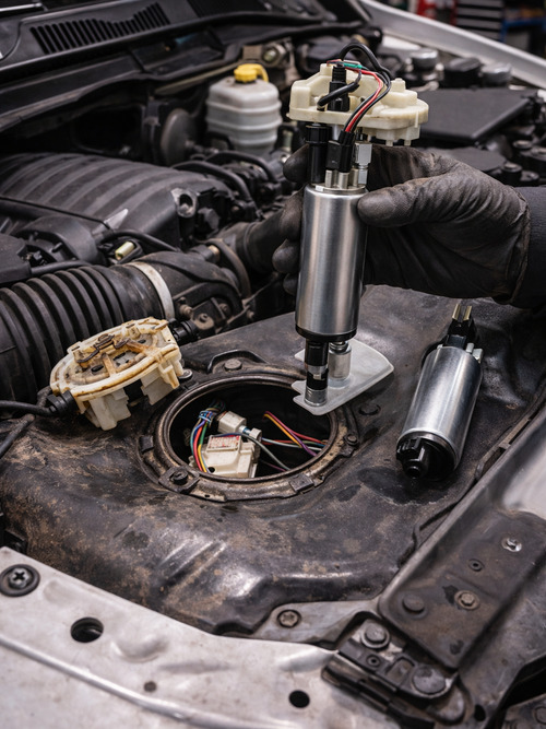 holding a fuel pump above an engine